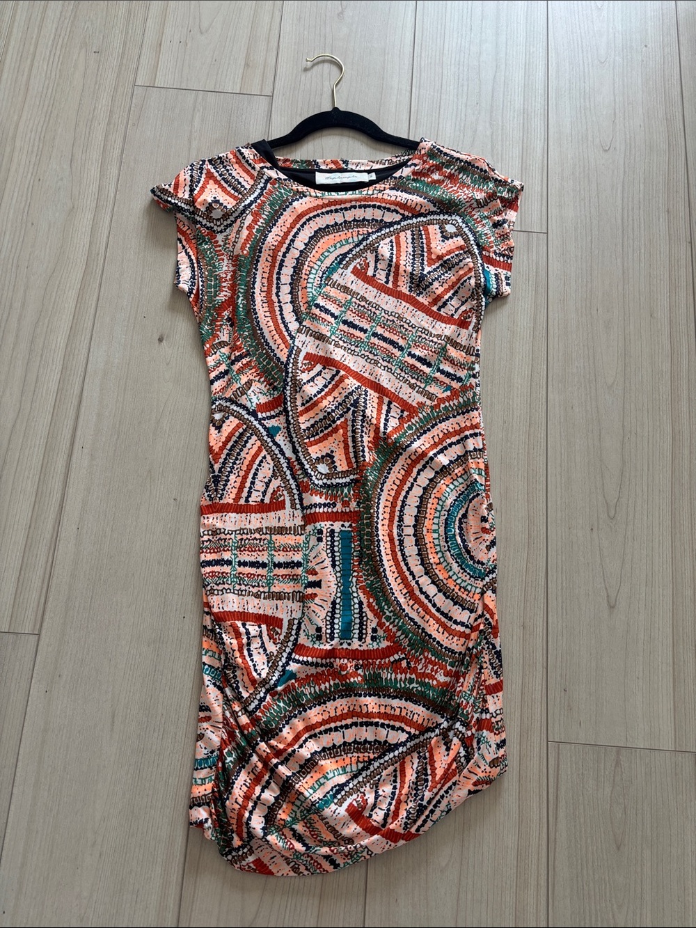 Abstract Coral Multi Midi Dress with Short Sleeves